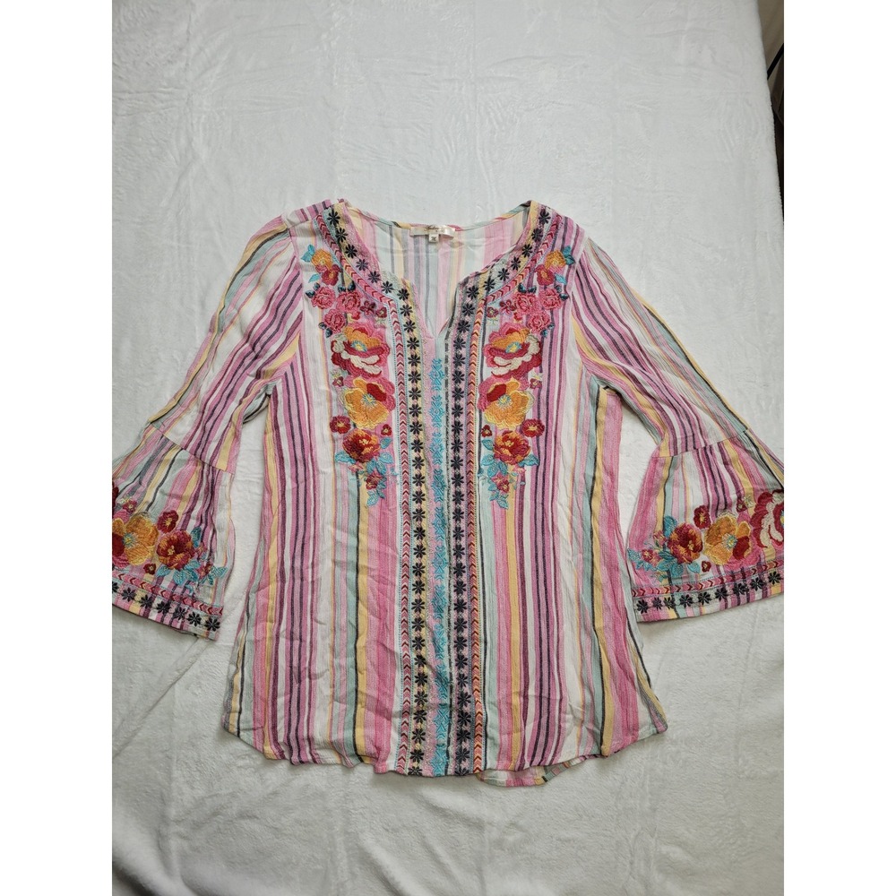 Andree by Unit Blouse Womens M Pink Multi Embroidered Boho Bell Sleeve Top